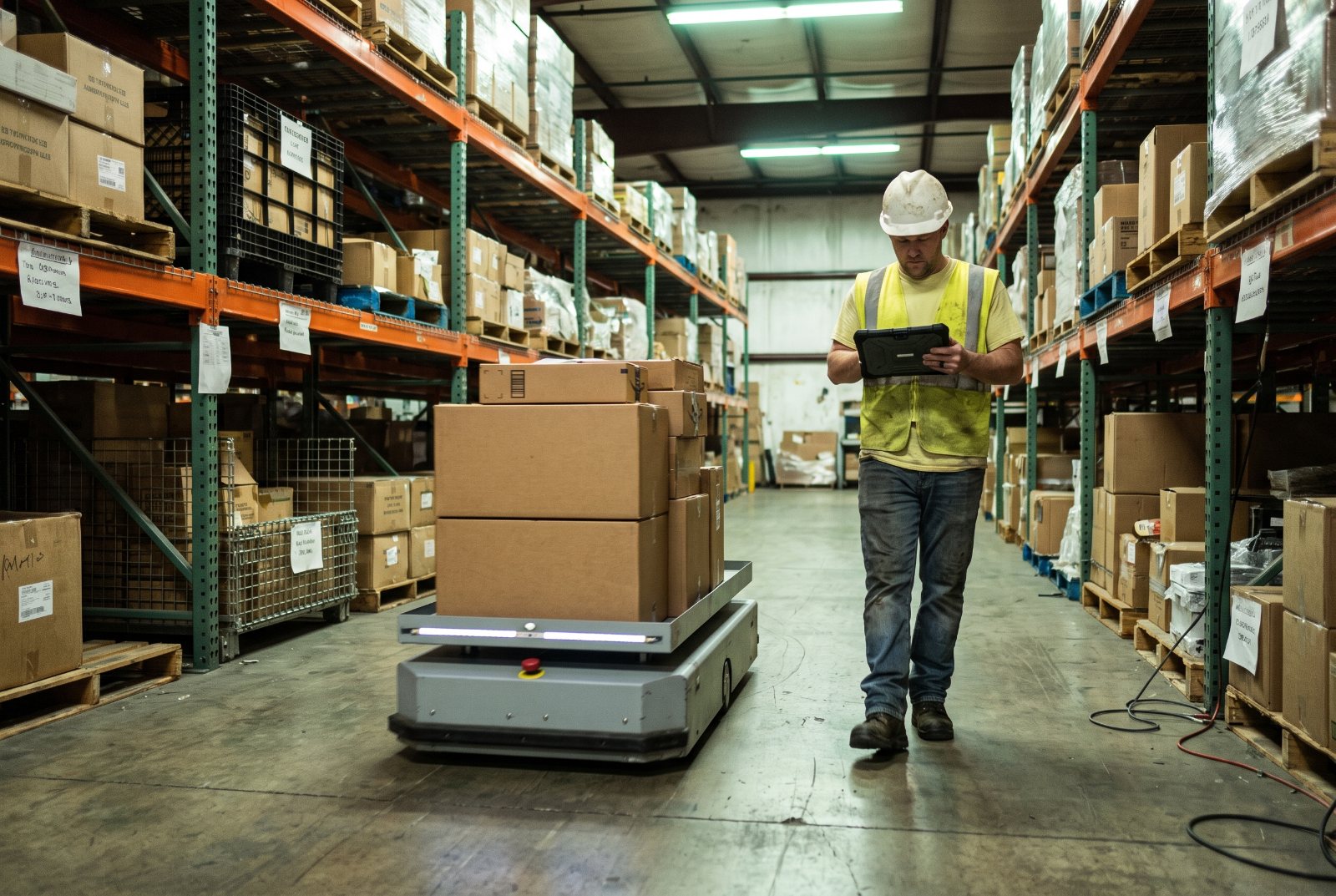 AMR carrying boxes through a U.S. distribution center