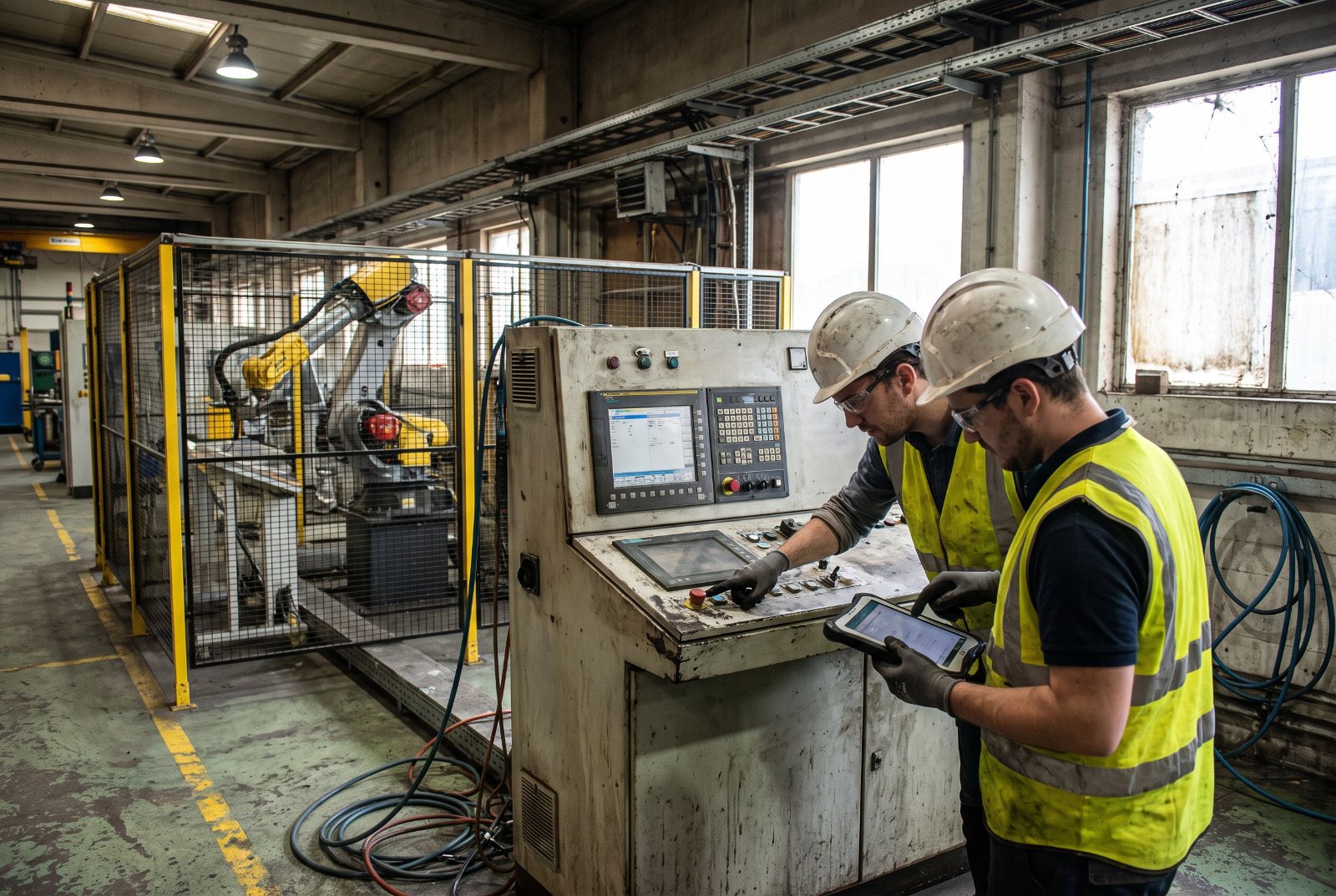 Technicians inspecting an automated production line