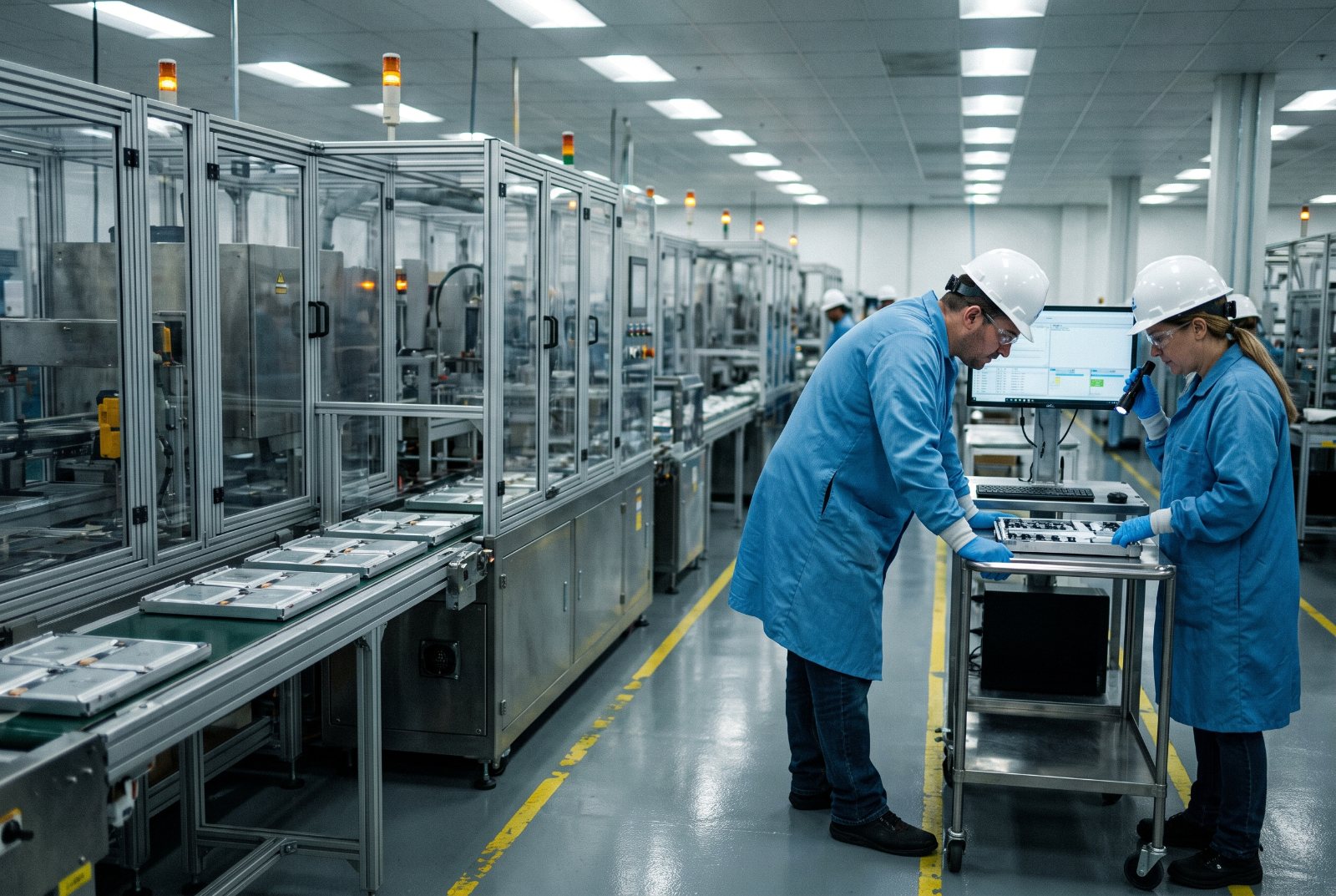 Technicians inspecting an EV battery cell production line