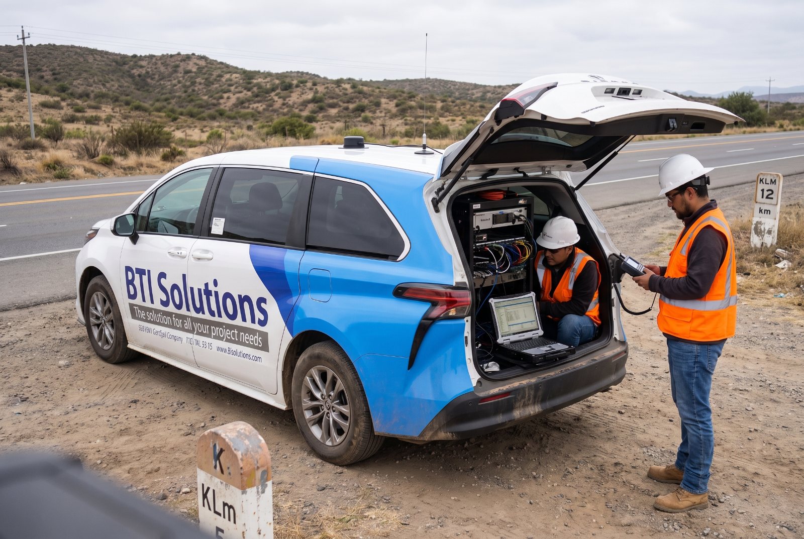 Field driving test squad logging telematics data at a highway shoulder