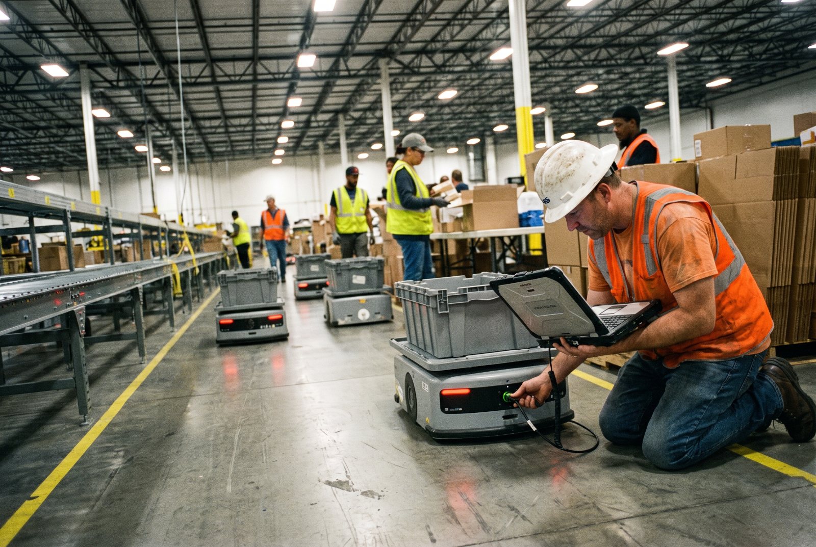 Engineer servicing an AMR on a fulfillment-center floor