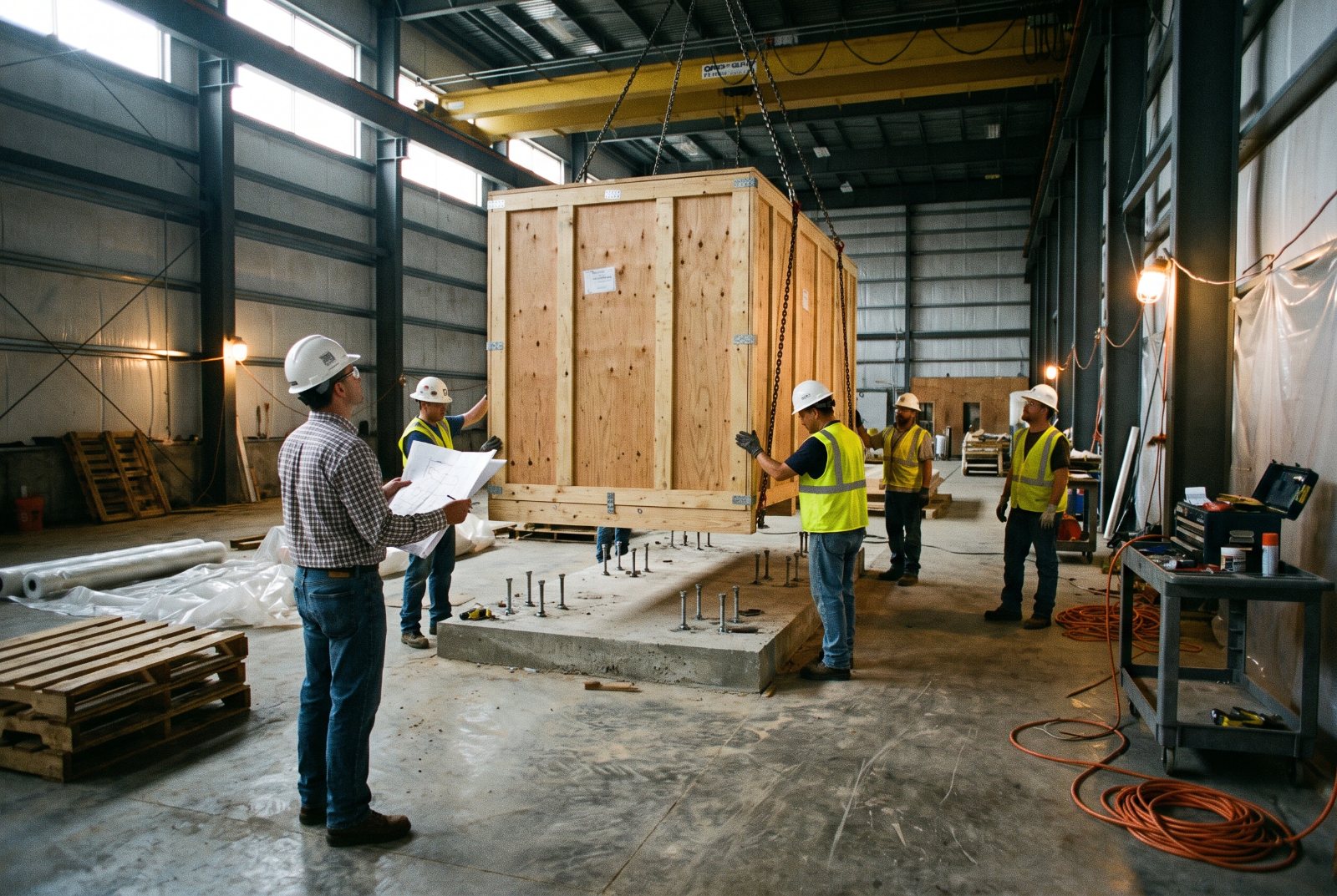 Crew installing production equipment in a new U.S. plant