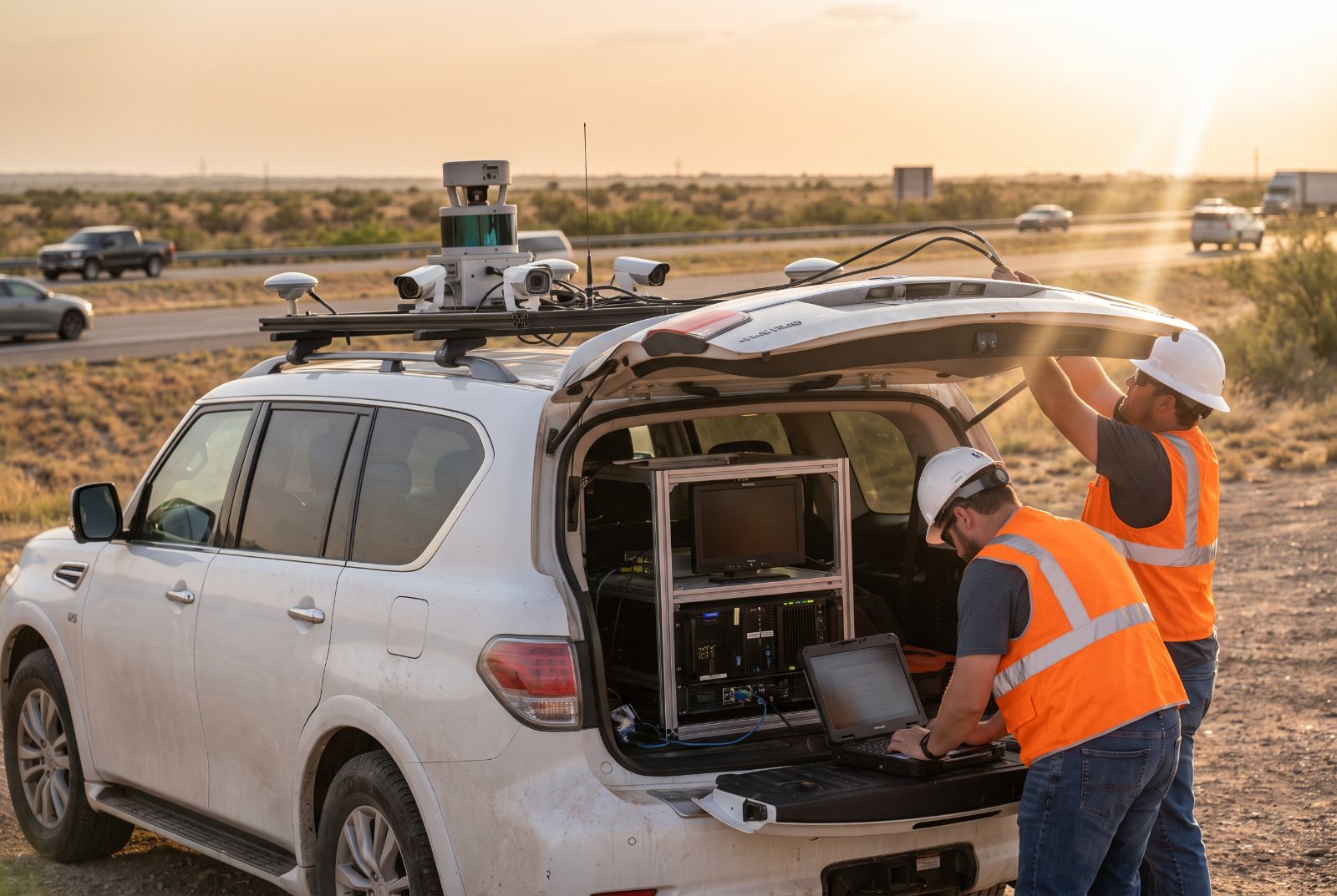 Sensor-equipped test vehicle and field engineers on a Texas highway