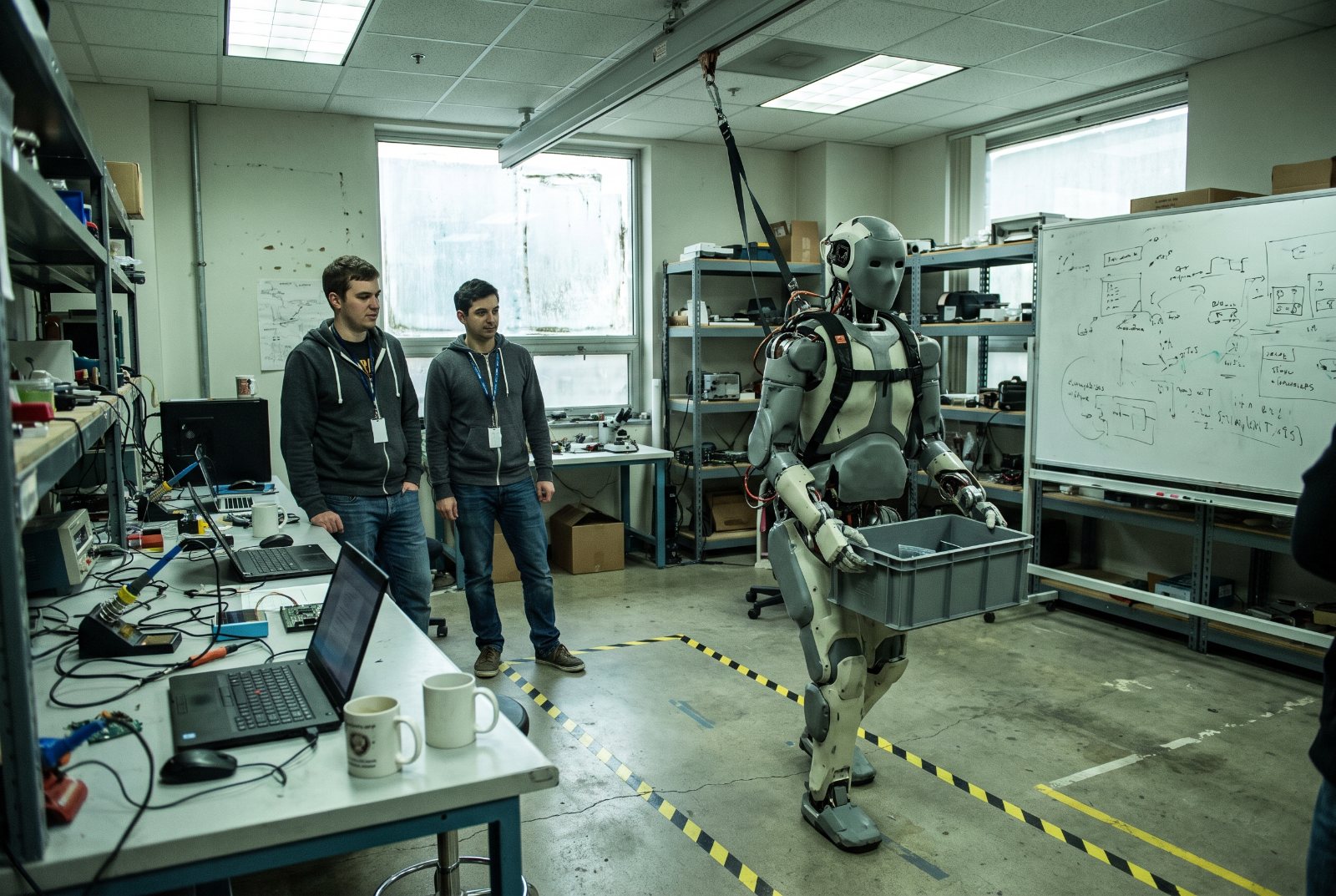 Humanoid robot in a pilot facility with engineers