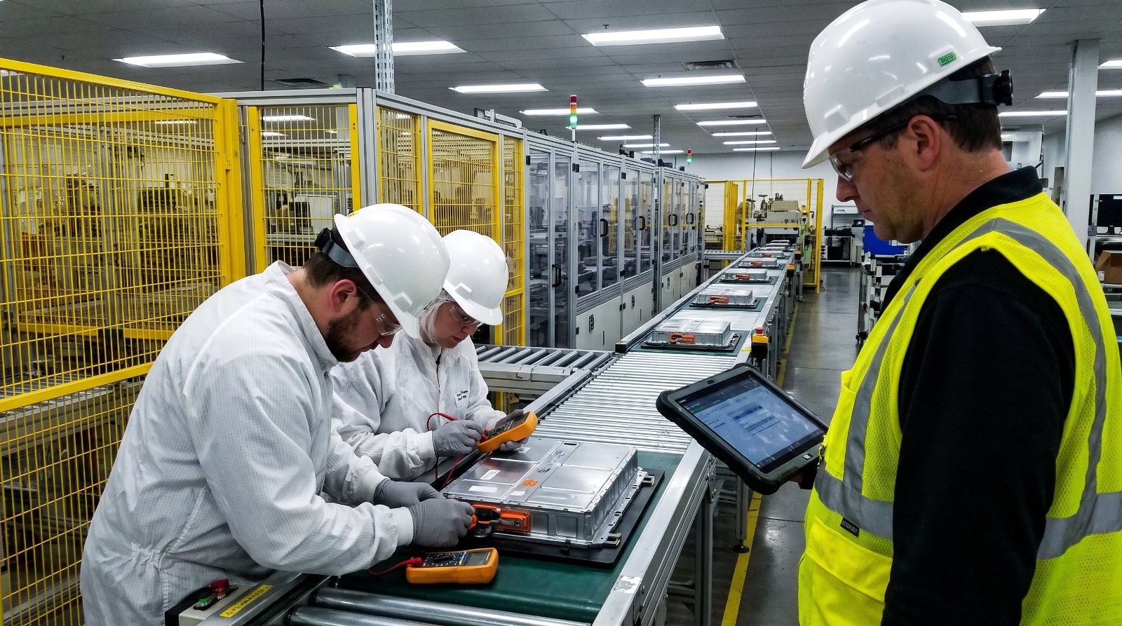 Technicians testing a battery module on the production line