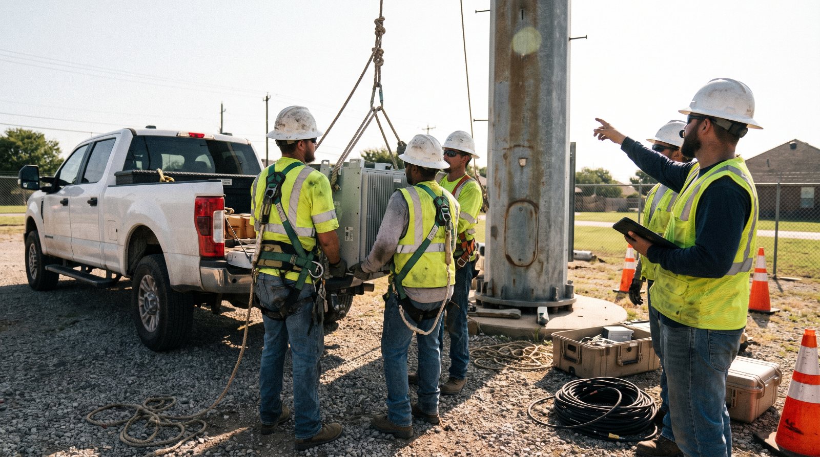 Crew hoisting an eNodeB radio unit at a tower site
