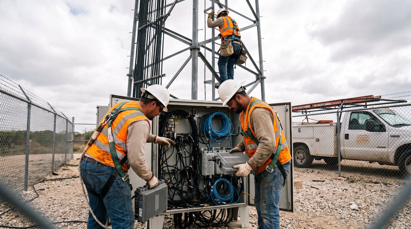 Technicians swapping radio equipment at a cell site